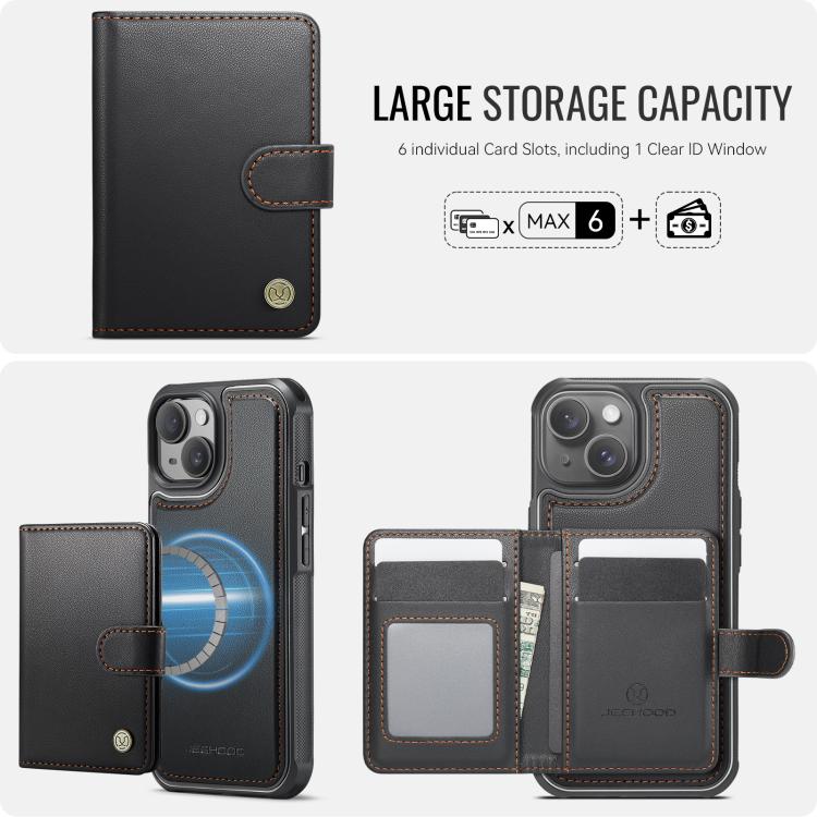 Funda de cuero con hebilla magnética para iPhone 15 JEEHOOD J09, con ranuras para tarjetas, estilo RFID y MagSafe (negro)