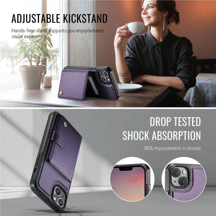 Funda de cuero con hebilla magnética para iPhone 14 JEEHOOD J09, estilo RFID, con tarjetero MagSafe (morado)