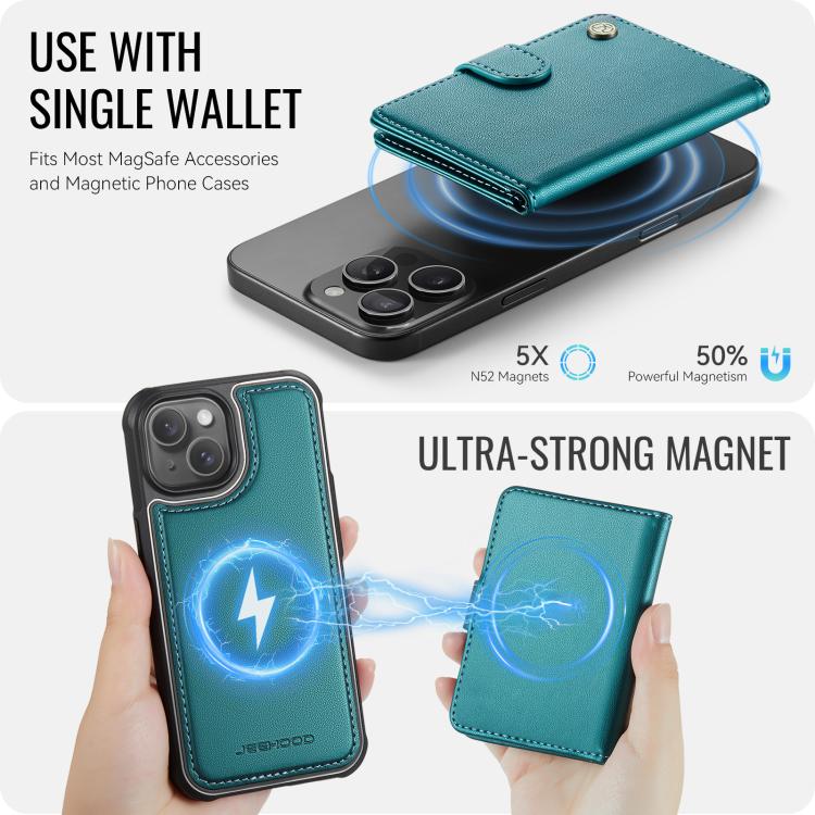 Funda de cuero con hebilla magnética para iPhone 14 JEEHOOD J09, con ranuras para tarjetas, MagSafe, RFID (verde)