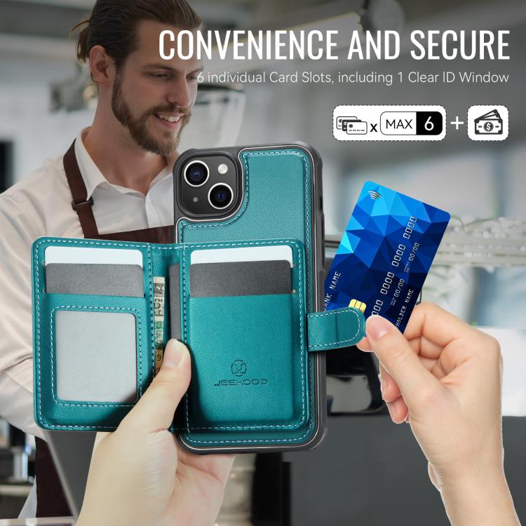 Funda de cuero con hebilla magnética para iPhone 14 JEEHOOD J09, con ranuras para tarjetas, MagSafe, RFID (verde)