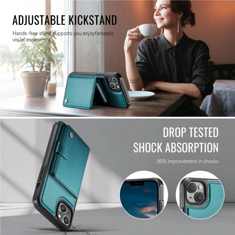 Funda de cuero con hebilla magnética para iPhone 14 JEEHOOD J09, con ranuras para tarjetas, MagSafe, RFID (verde)