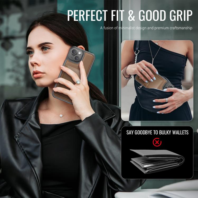 Funda de cuero con hebilla magnética para iPhone 14 JEEHOOD J09, con RFID y MagSafe (marrón)
