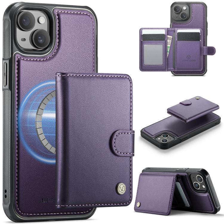 Funda de cuero con hebilla magnética para iPhone 13 JEEHOOD J09, estilo RFID, con tarjetero MagSafe (morado)