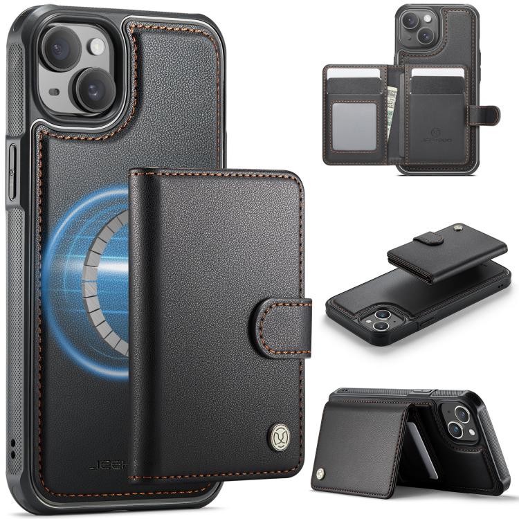 Funda de cuero con hebilla magnética para iPhone 13 JEEHOOD J09, con ranuras para tarjetas, estilo RFID y MagSafe (negro)
