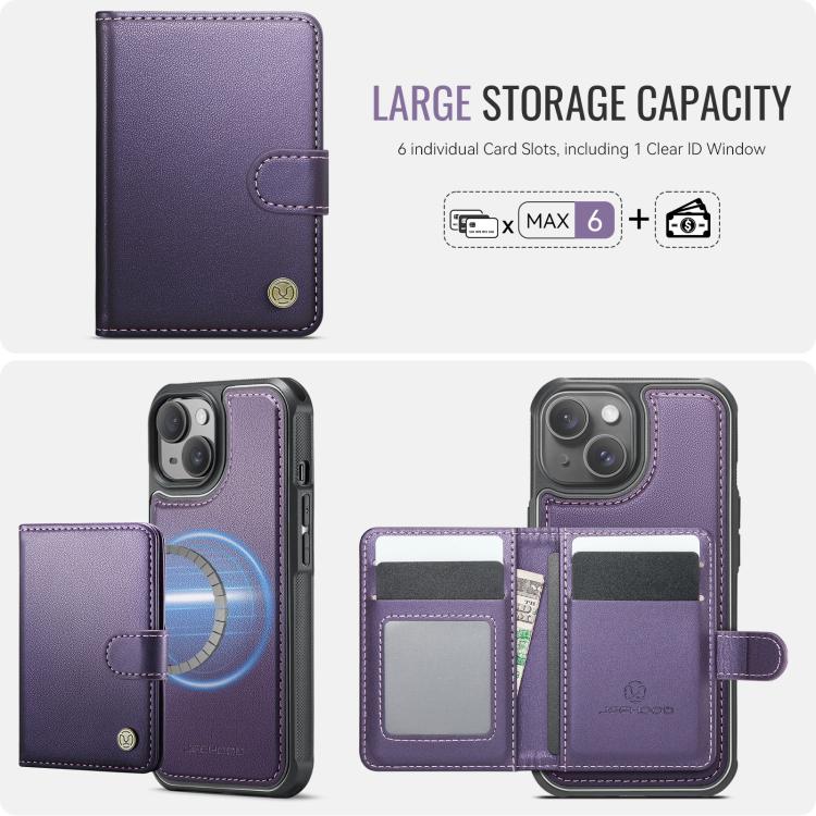 JEEHOOD J09 - Funda de cuero con hebilla para iPhone 15 Plus/14 Plus, estilo magnético, RFID, MagSafe (morado)