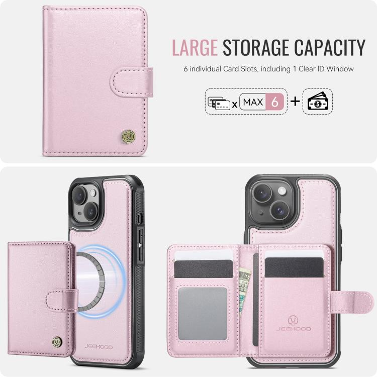 JEEHOOD J09 - Funda de cuero con hebilla para iPhone 15 Plus/14 Plus, estilo magnético, RFID, MagSafe (rosa)