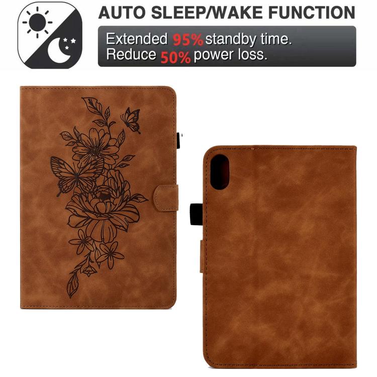 Funda de cuero con relieve de mariposa peonía para Xiaomi Redmi Pad 2 (marrón)