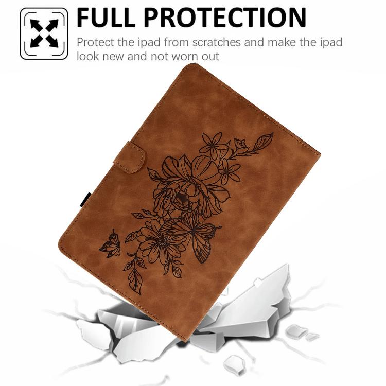 Funda de cuero con relieve de mariposa peonía para Xiaomi Redmi Pad 2 (marrón)