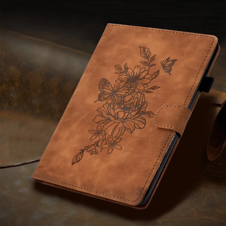 Funda de cuero con relieve de mariposa peonía para Xiaomi Redmi Pad 2 (marrón)