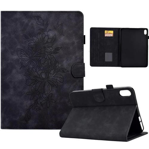 Funda de cuero con relieve de mariposa y peonía para Xiaomi Redmi Pad 2 (negra)