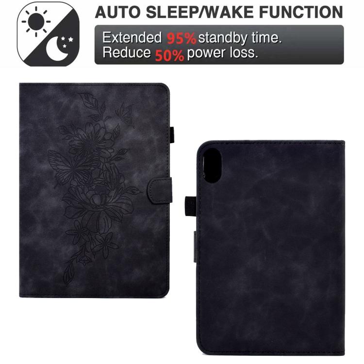 Funda de cuero con relieve de mariposa y peonía para Xiaomi Redmi Pad 2 (negra)
