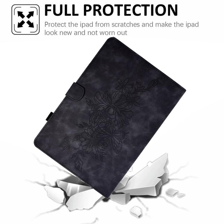 Funda de cuero con relieve de mariposa y peonía para Xiaomi Redmi Pad 2 (negra)