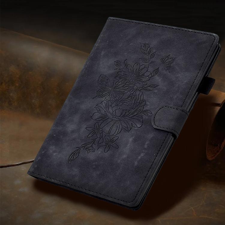 Funda de cuero con relieve de mariposa y peonía para Xiaomi Redmi Pad 2 (negra)