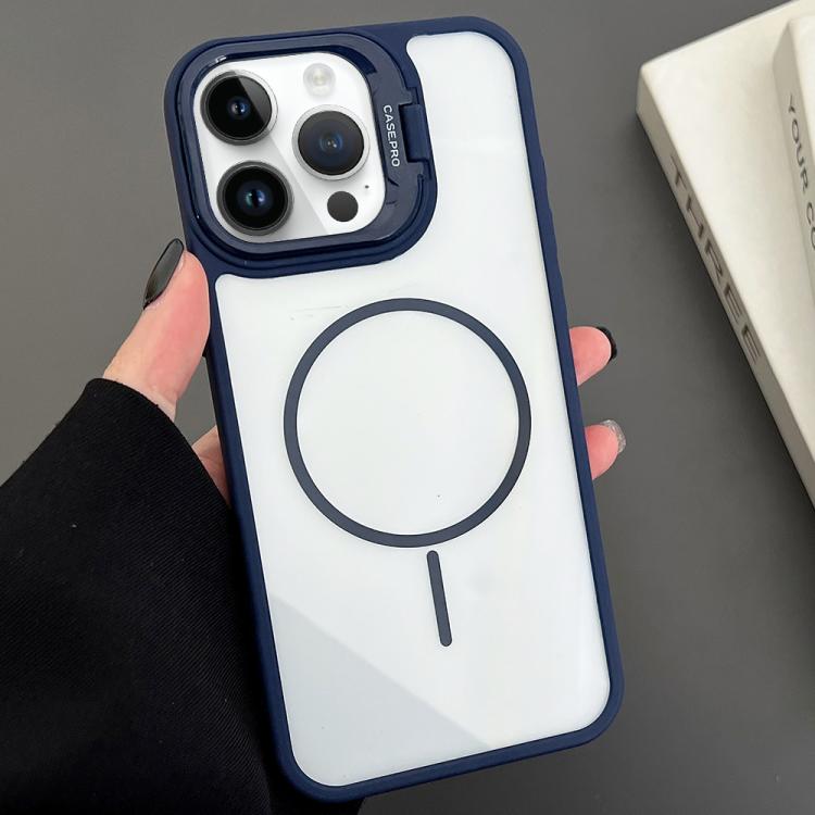 Estuche magnético MagSafe para iPhone 12 Pro con soporte para lente de PC (azul)