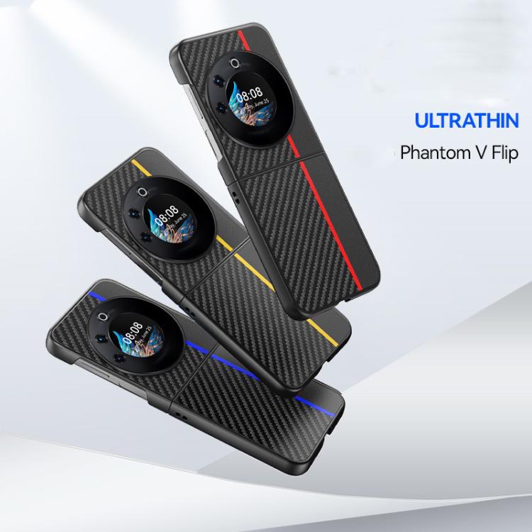 Funda ultrafina con textura de fibra de carbono para Tecno Phantom V Flip (negro y amarillo)