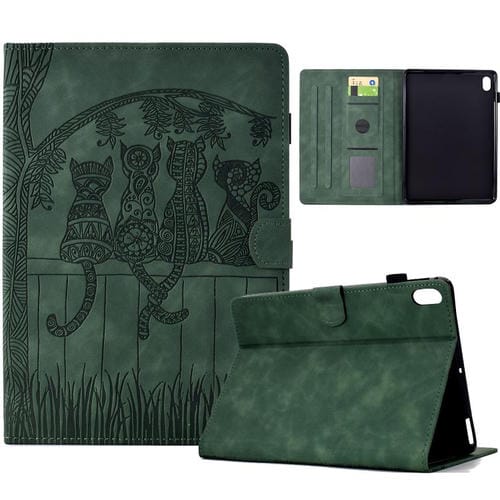Funda de cuero con relieve de gato para Xiaomi Redmi Pad 2 (verde)