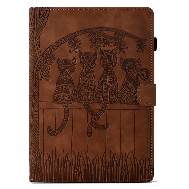 Funda de cuero con relieve de gato para Xiaomi Redmi Pad 2 (marrón)