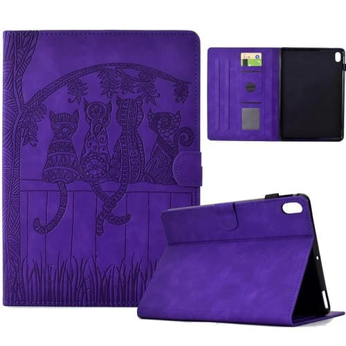 Funda de piel con relieve de gato para Xiaomi Redmi Pad 2 (morada)