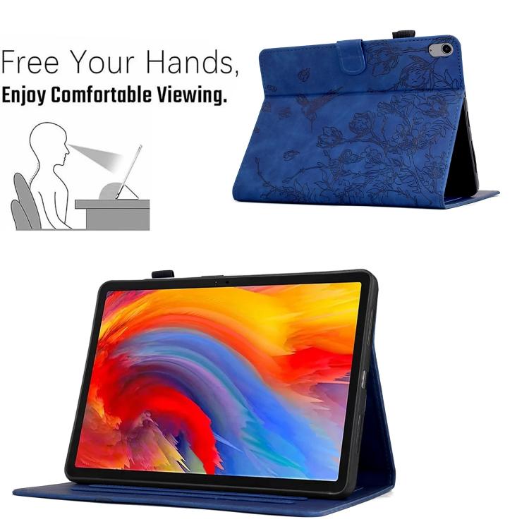 Funda de cuero inteligente con estampado de flores y pájaros para Xiaomi Redmi Pad 2 (azul oscuro)