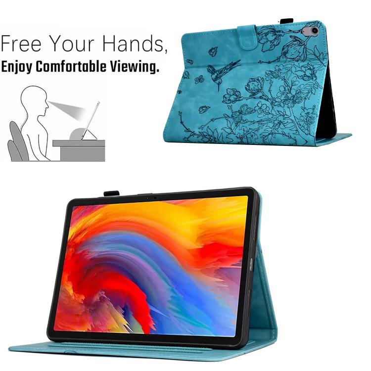 Funda de cuero inteligente con estampado de flores y pájaros para Xiaomi Redmi Pad 2 (azul claro)