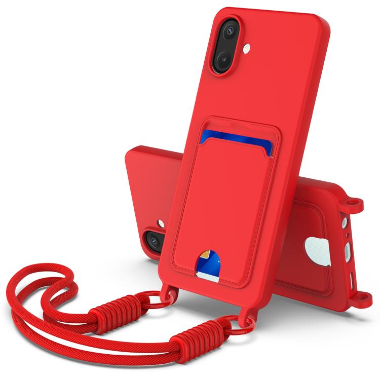 Funda de silicona líquida de color sólido para Samsung Galaxy A07 5G con tarjetero integrado y cordón corto (rojo)