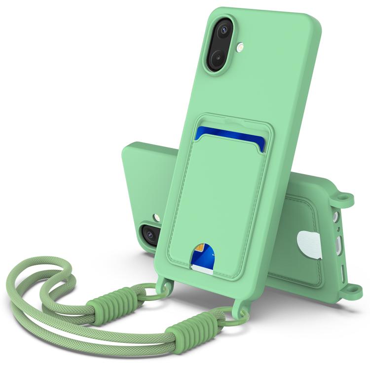 Funda de silicona líquida de color sólido para Samsung Galaxy A07 5G con tarjetero integrado (Gen2) y cordón corto (verde)