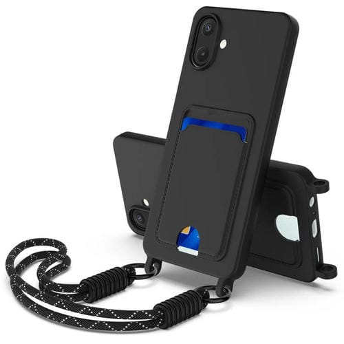 Funda de silicona líquida de color sólido para Samsung Galaxy A07 5G con tarjetero integrado y cordón corto (negro)