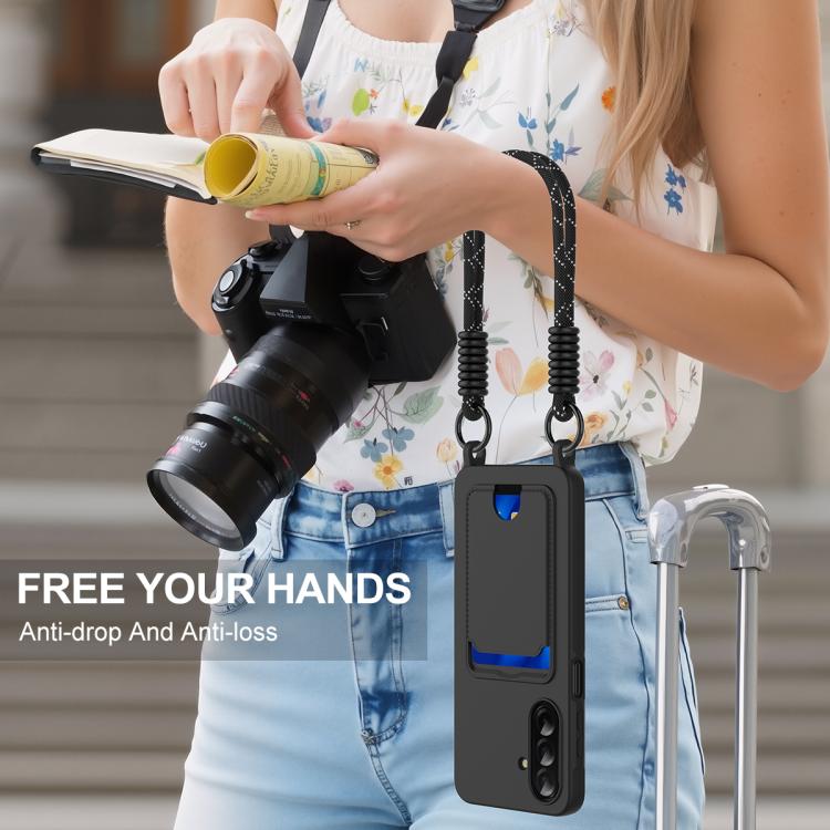 Funda de silicona líquida de color sólido para Samsung Galaxy A36 5G / A56 5G (Gen2) con tarjetero integrado y cordón corto (negro)