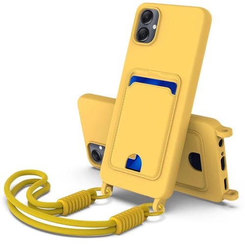 Funda de silicona líquida de color sólido para Samsung Galaxy A05/M05/F05 4G con tarjetero integrado, Gen2, con cordón corto (amarilla)