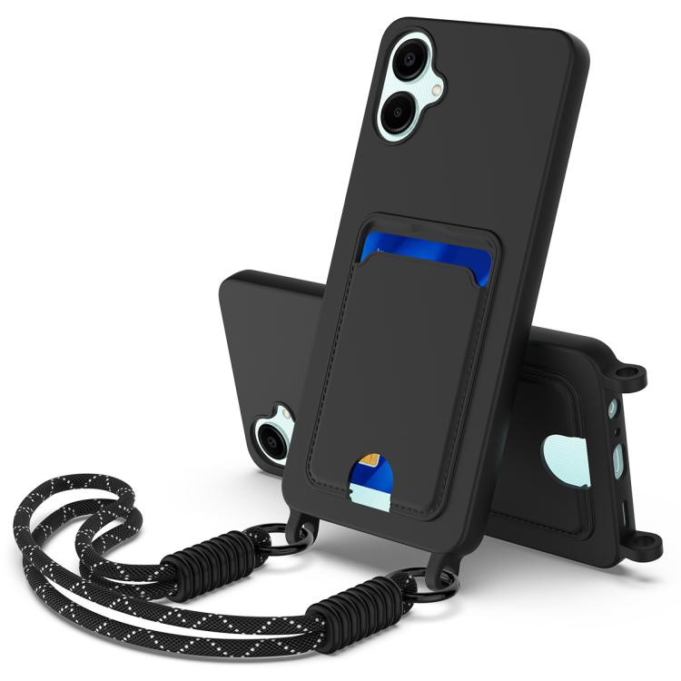 Funda de silicona líquida de color sólido para Samsung Galaxy A06 4G con tarjetero integrado y cordón corto (negro)