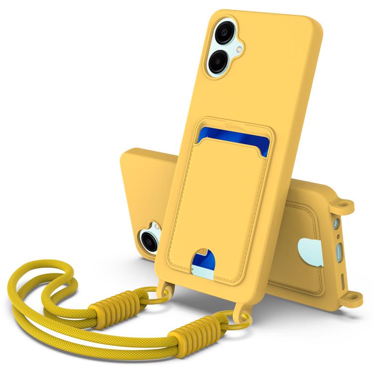 Funda de silicona líquida de color sólido para Samsung Galaxy A06 4G con tarjetero integrado, Gen2, con cordón corto (amarilla)