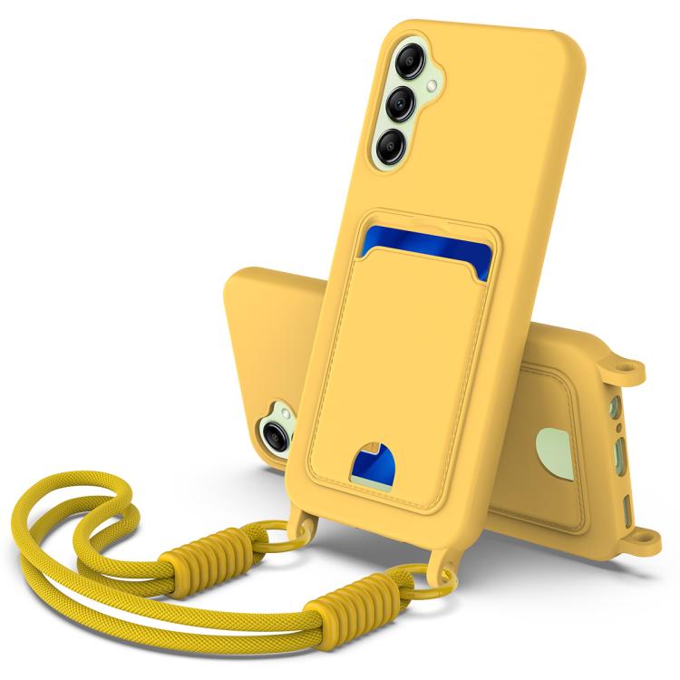 Funda de silicona líquida de color sólido para Samsung Galaxy A14 4G/5G con tarjetero integrado, Gen2, con cordón corto (amarilla)