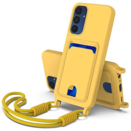 Funda de silicona líquida de color sólido para Samsung Galaxy A15 4G/5G con tarjetero integrado, Gen2, con cordón corto (amarilla)