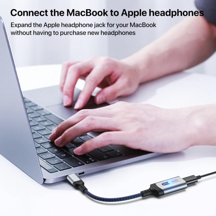 Adaptador de audio para auriculares MH-306 USB-C/Tipo C a 8 pines con luz indicadora (azul grisáceo)