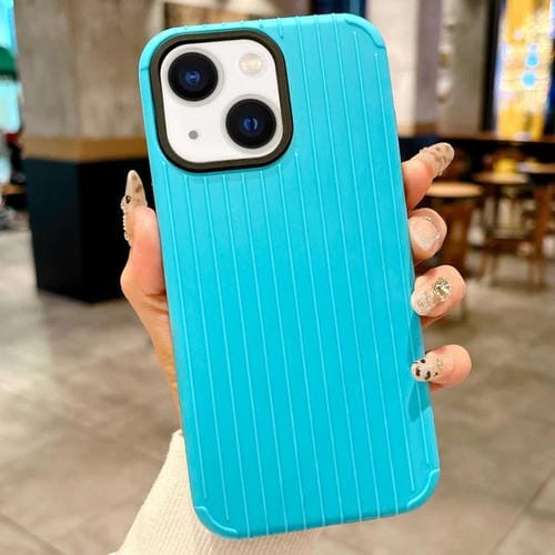 Funda MagSafe de cobertura total para iPhone 15 con diseño inspirado en equipaje (azul claro)