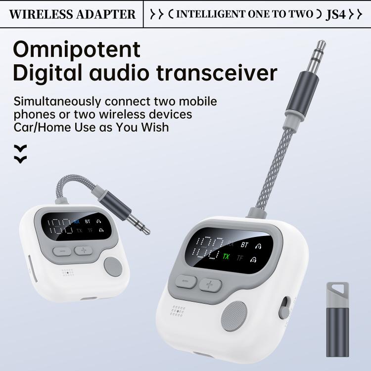 Adaptador de audio inalámbrico JS4 2 en 1 para coche con pantalla digital y receptor de audio de 3,5 mm (blanco)