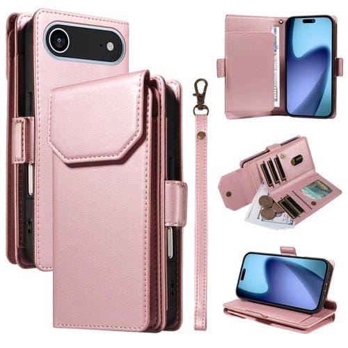 Funda de cuero con múltiples tarjetas y correa para iPhone 17 Air (oro rosa)