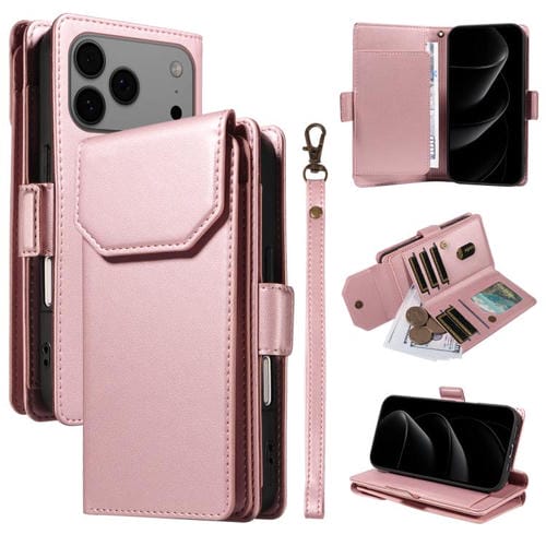 Funda de cuero con tarjetero para iPhone 17 Pro Max con correa (oro rosa)