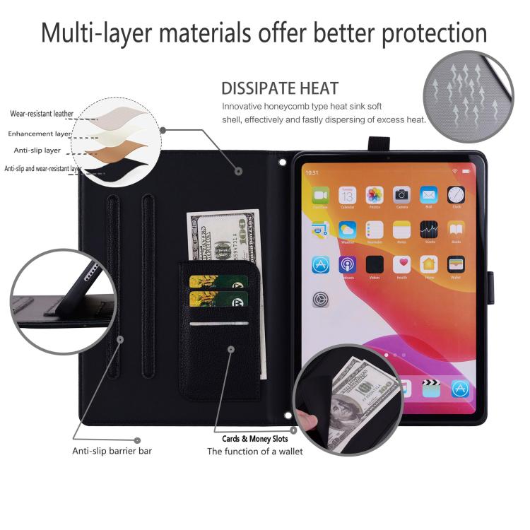 Funda inteligente de piel de lichi con tacto de gato para iPad mini 2024/mini 6 (negra)