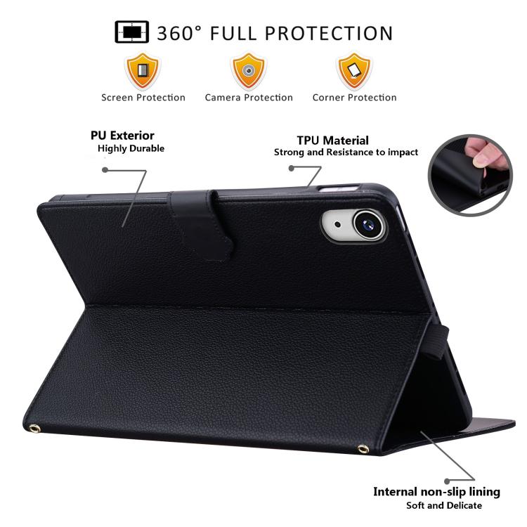 Funda inteligente de piel de lichi con tacto de gato para iPad mini 2024/mini 6 (negra)