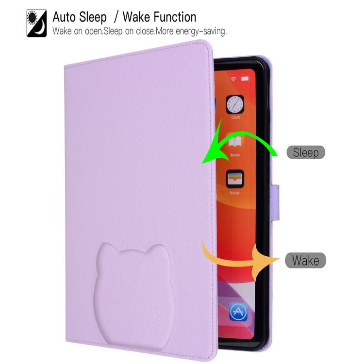 Funda inteligente de piel de lichi con tacto de gato para iPad mini 2024/mini 6 (morada)
