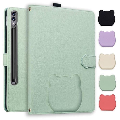 Funda inteligente de piel de lichi con tacto de gato para Samsung Galaxy Tab S10+ / S9+ (verde)