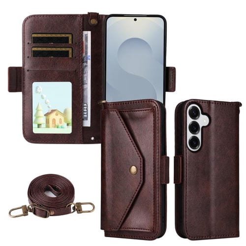 Funda de piel de vacuno cruzada con ranuras para múltiples tarjetas para Samsung Galaxy S25 5G (marrón)