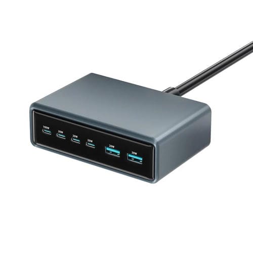 Cargador rápido de escritorio multifunción GaN de 200 W, 4 puertos USB-C/Tipo-C y 2 puertos USB-A, enchufe: UE (gris plateado)