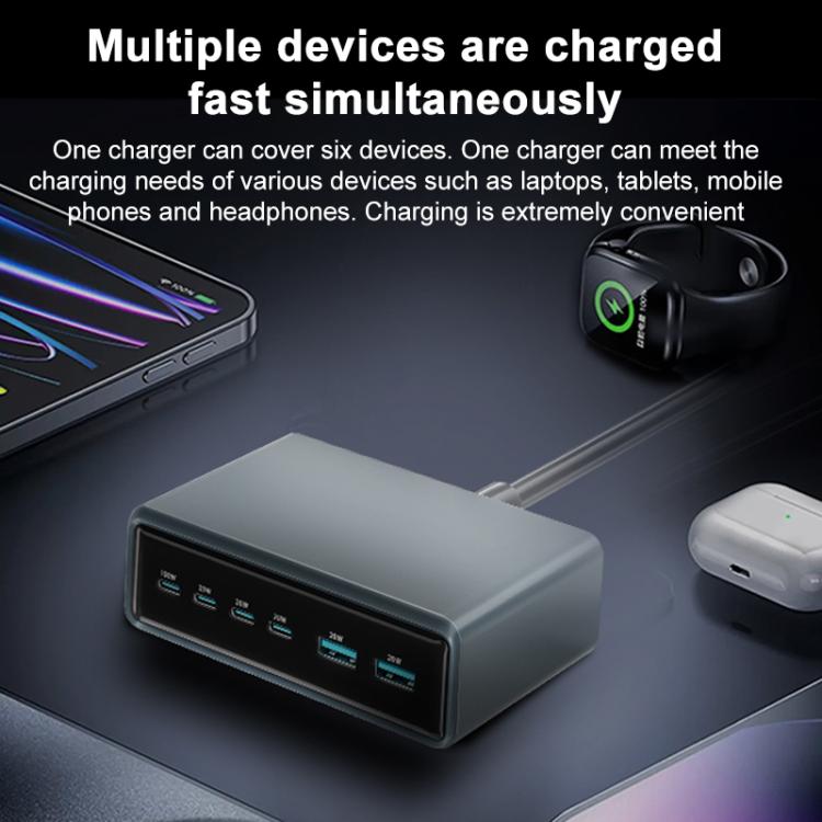 Cargador rápido de escritorio multifunción GaN de 6 puertos, 200 W, 4 USB-C/Tipo C y 2 USB-A, enchufe británico (negro)