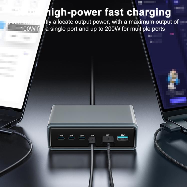 Cargador rápido de escritorio multifunción GaN de 6 puertos, 200 W, 4 USB-C/Tipo-C y 2 USB-A, enchufe estadounidense (gris plateado)