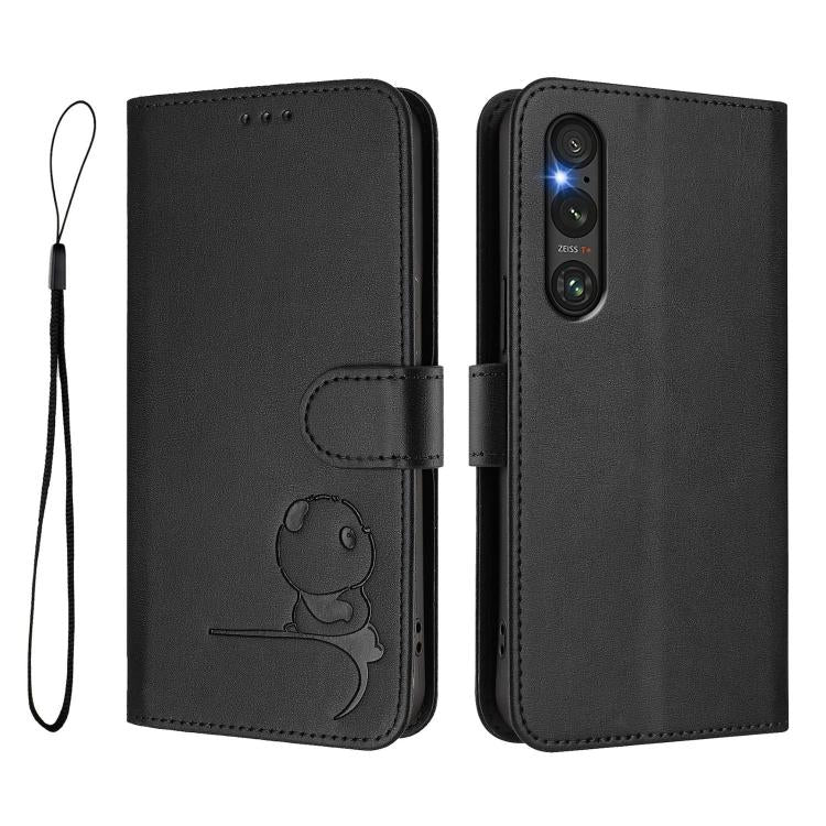 Funda de cuero con relieve RFID y cordón para Sony Xperia 1 V (negro)