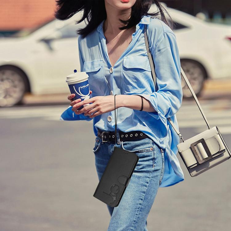 Funda de cuero con relieve RFID y cordón para Sony Xperia 1 V (negro)