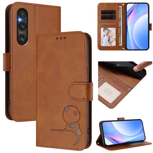 Funda de cuero con relieve RFID y cordón para Sony Xperia 1 V (marrón)