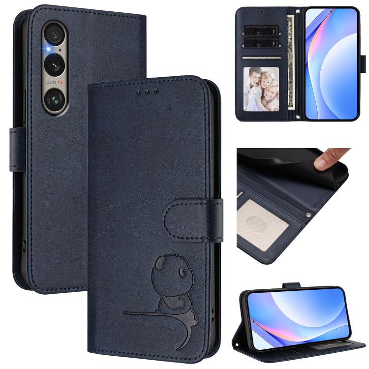 Funda de cuero con relieve RFID y cordón para Sony Xperia 1 VI (azul)